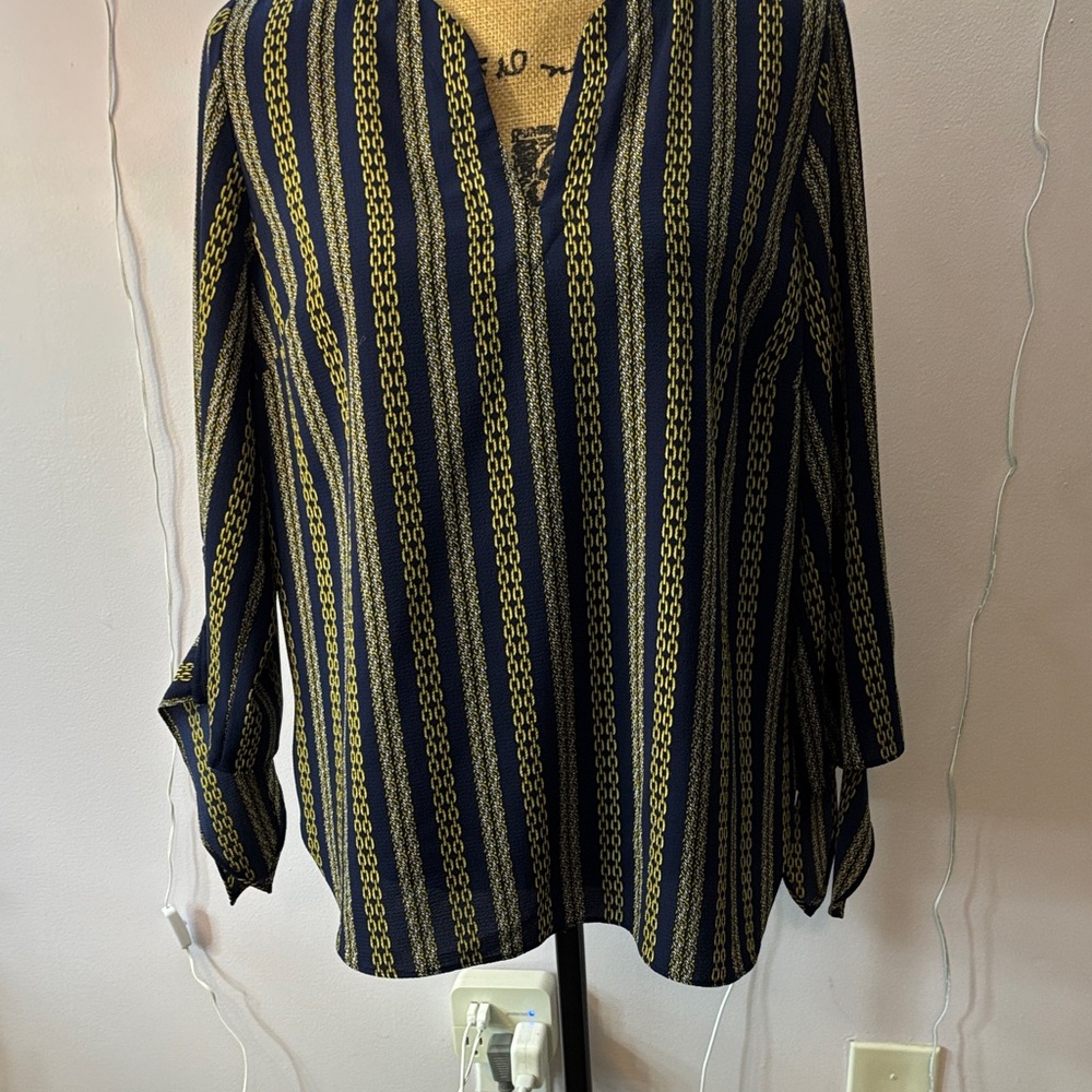 Michael Kors Navy and Gold Chain Pattern Blouse